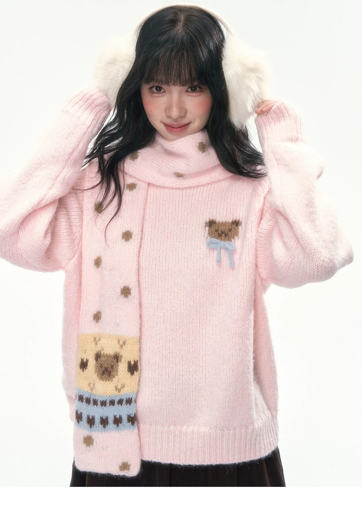 CAN - "The Little Bear Affair" Light Pink Teddy Bear Bow Jacquard Sweater