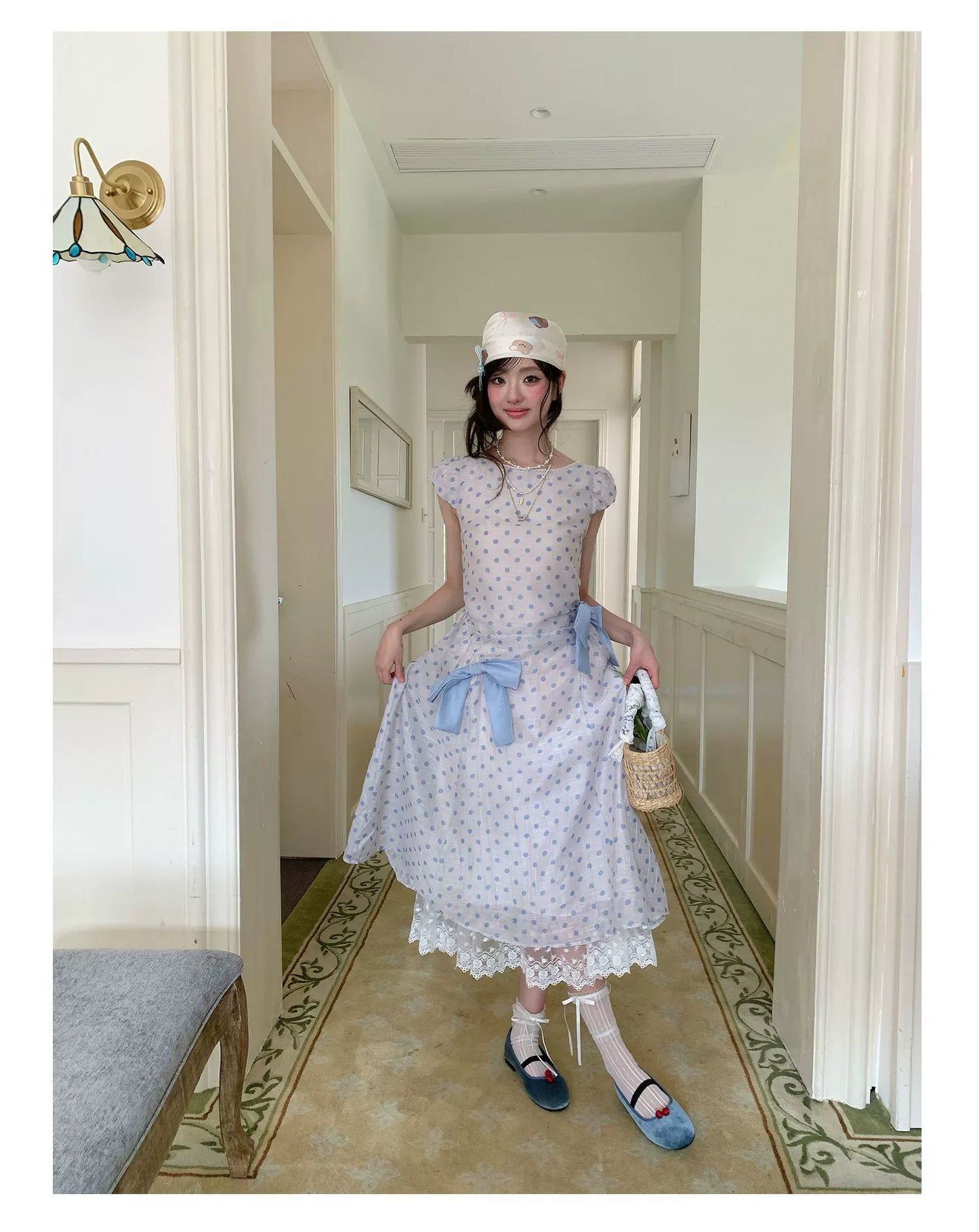 “Blue Mist Polka Reverie” Mist Blue Bow Lace Dress