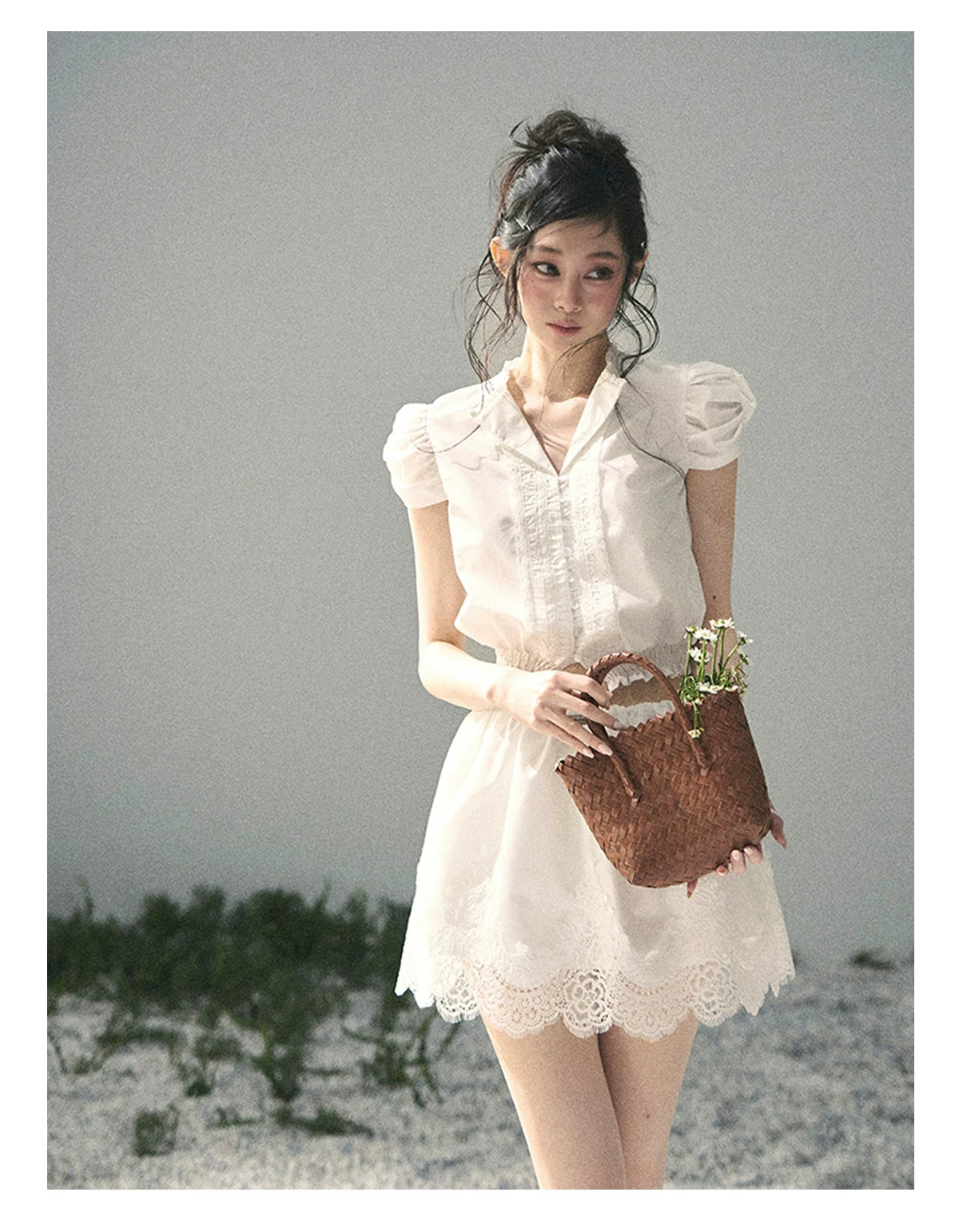 "Rose Petals in Secret" Cloud White Lace Two-Piece Skirt Set 142453