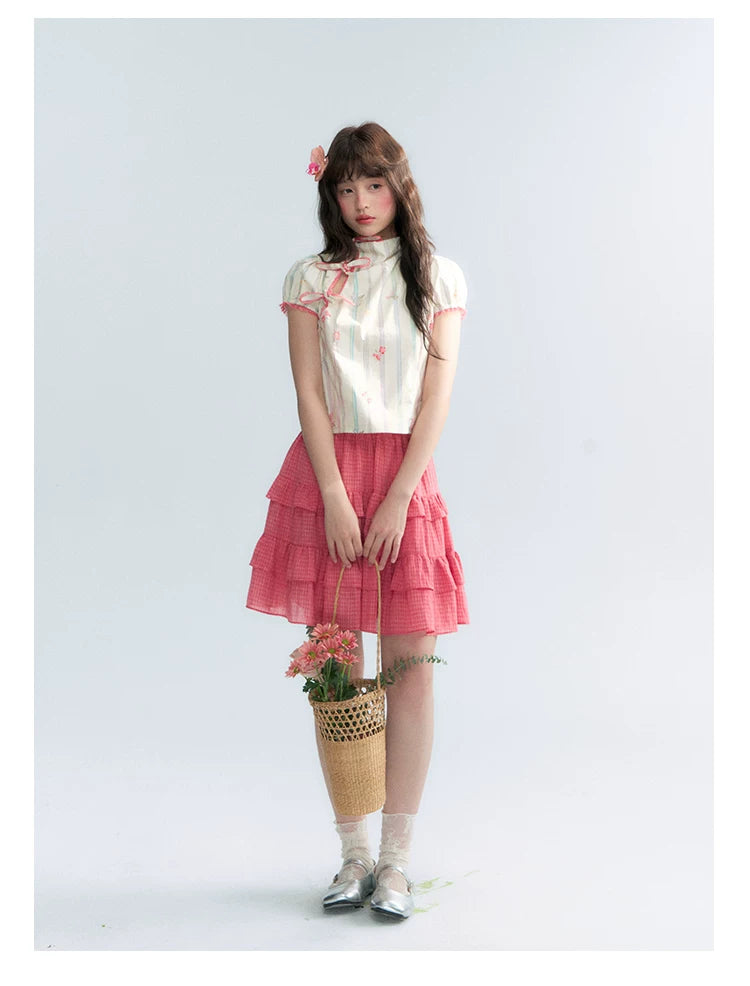 "Peach Blossom" Beige Floral Print Mandarin Collar Blouse
