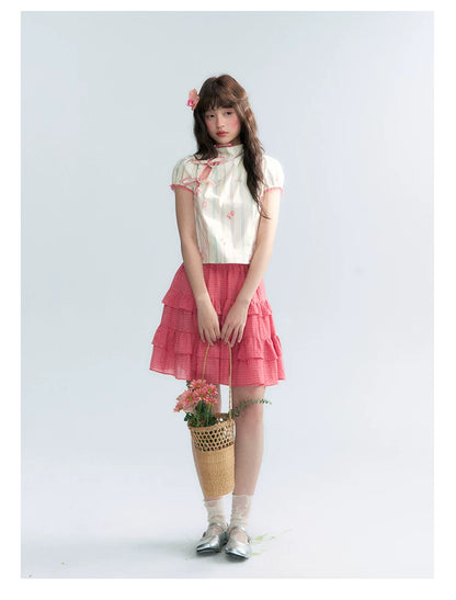 "Peach Blossom" Beige Floral Print Mandarin Collar Blouse
