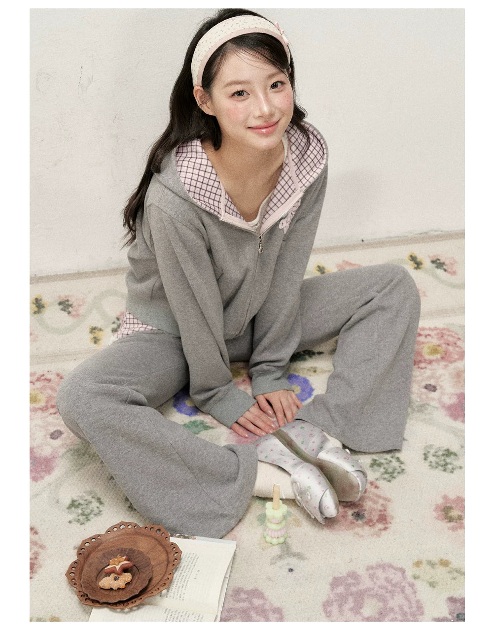 [RF] Soft Gingham Color-Block Hoodie and Flare Pants Set (Blue / Mauve)