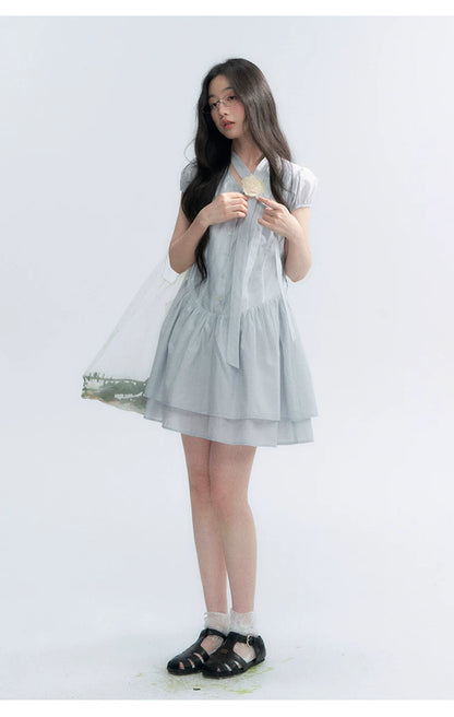 "Cedar Salt" Cool Moon Blue Lace Trim Puff Sleeve Dress