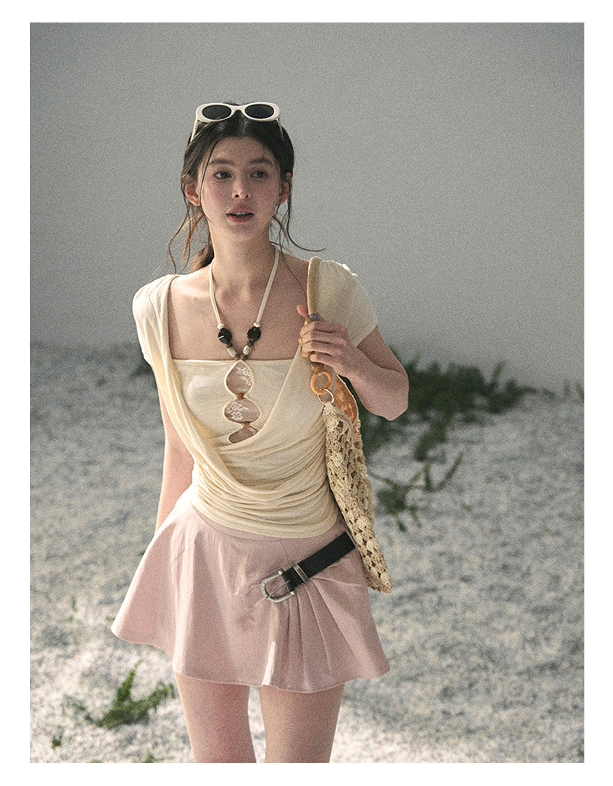 “Soft Veil Muse” Cream Apricot Layered Halter Lace Top