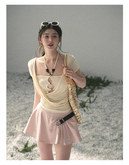 “Soft Veil Muse” Cream Apricot Layered Halter Lace Top