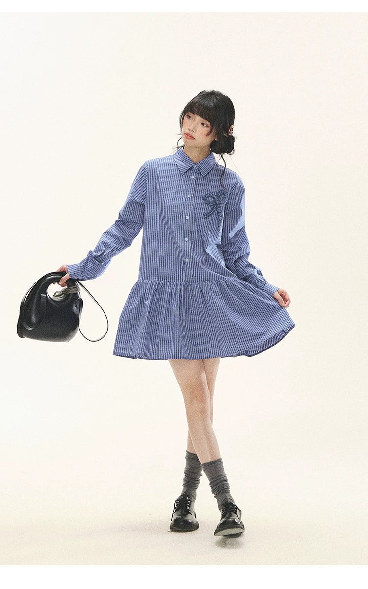 "Holiday Blues" Blue Plaid Bow Shirt Mini Dress