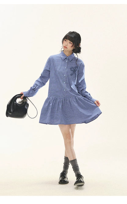 "Holiday Blues" Blue Plaid Bow Shirt Mini Dress