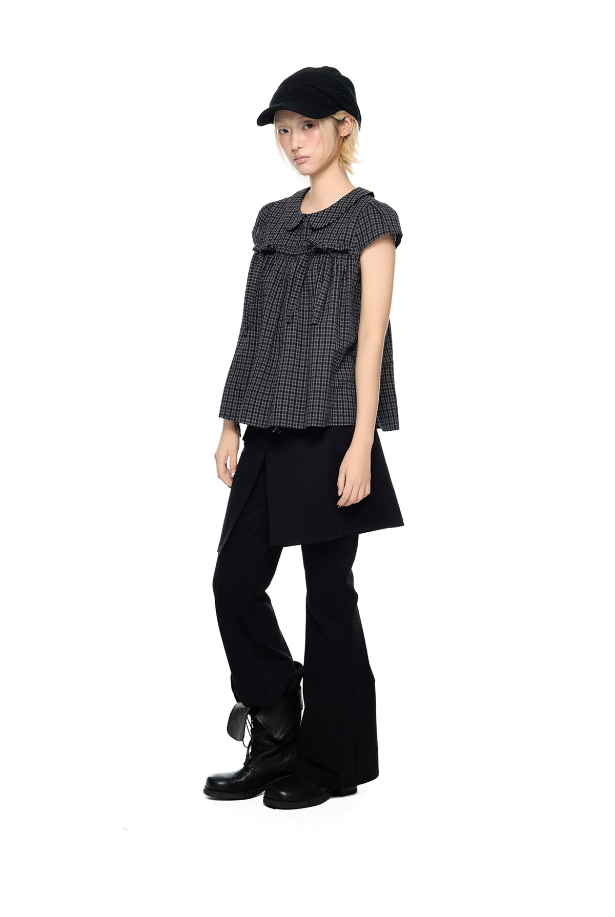 EZEK | Peter Pan Collar Gingham Shirt with Bubble Sleeves