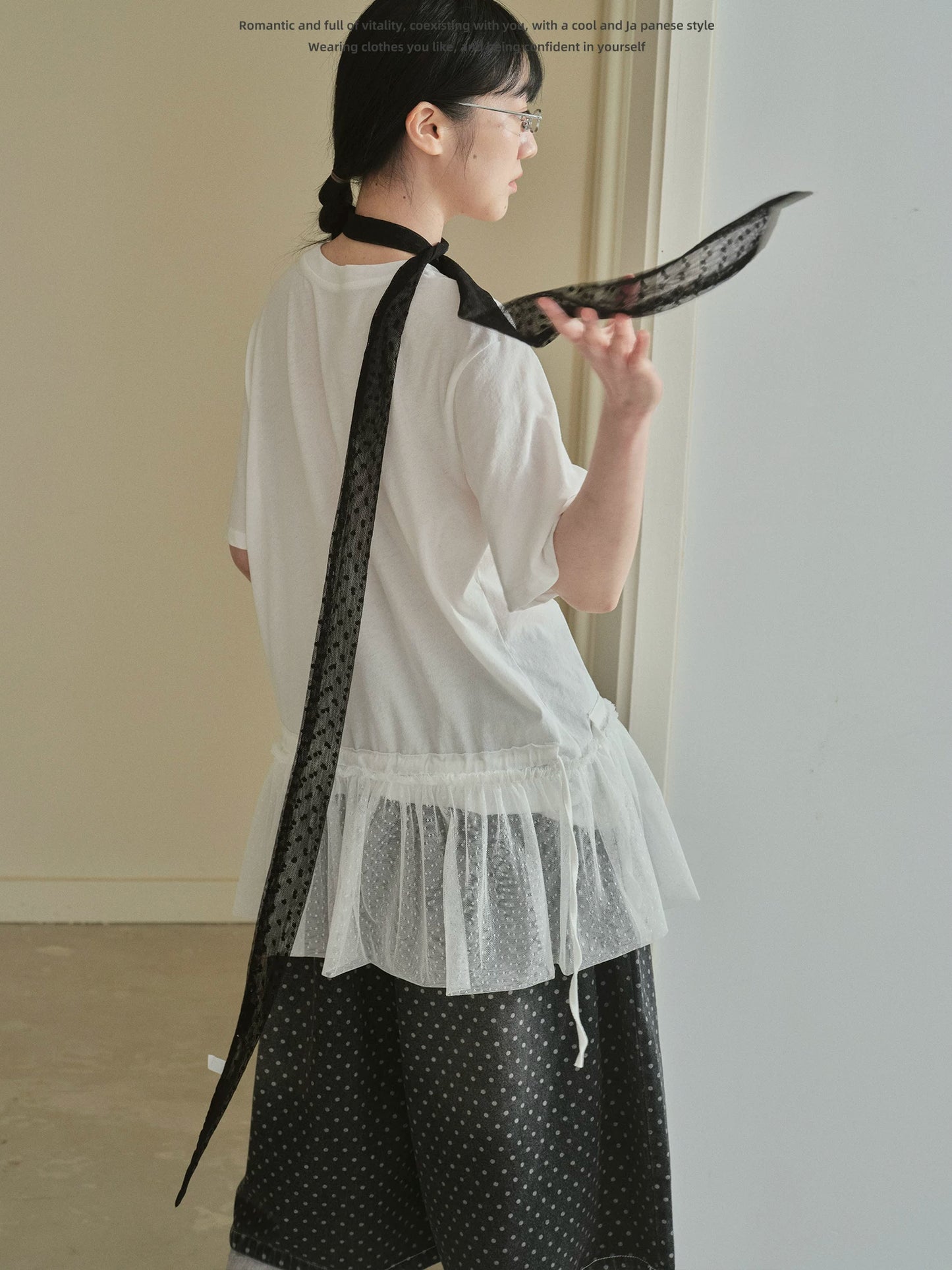 "Dot Veil" Polka Dot Mesh Panel T-Shirt (White / Gray)