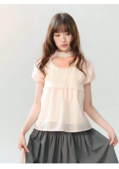 "Pink Mist Notes" Blush Pink Lace Puff Sleeve Blouse  LL2026217