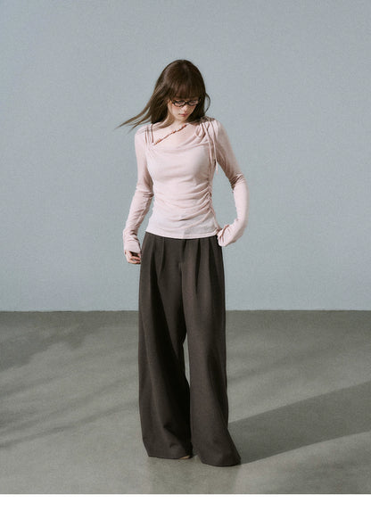 LOST FOREST - Low-Rise Triple-Pleat Wide-Leg Trousers (Black / Red Brown / Gray)