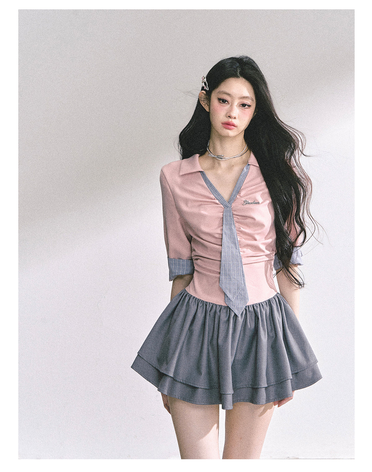 少也眼 "London Chronicle" Structured Plaid Puff-Sleeve Mini Shirt Dress - Gray Pink