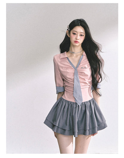 少也眼 "London Chronicle" Structured Plaid Puff-Sleeve Mini Shirt Dress - Gray Pink
