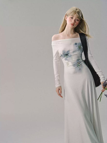 OAKMOO/ Midnight Tulip Ink-Blue Off-Shoulder Knit Dress