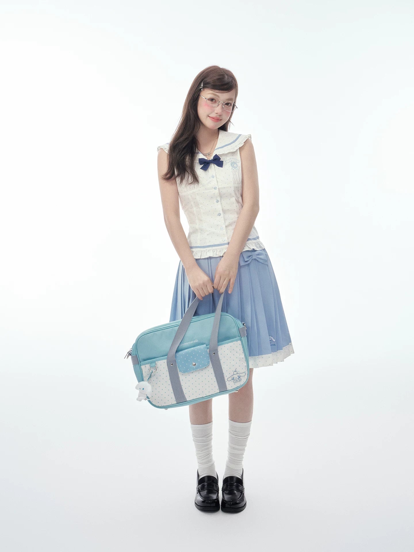 Sleeveless Polka Dot Sailor Collar Shirt & Light Blue Contrast-Trim Skirt