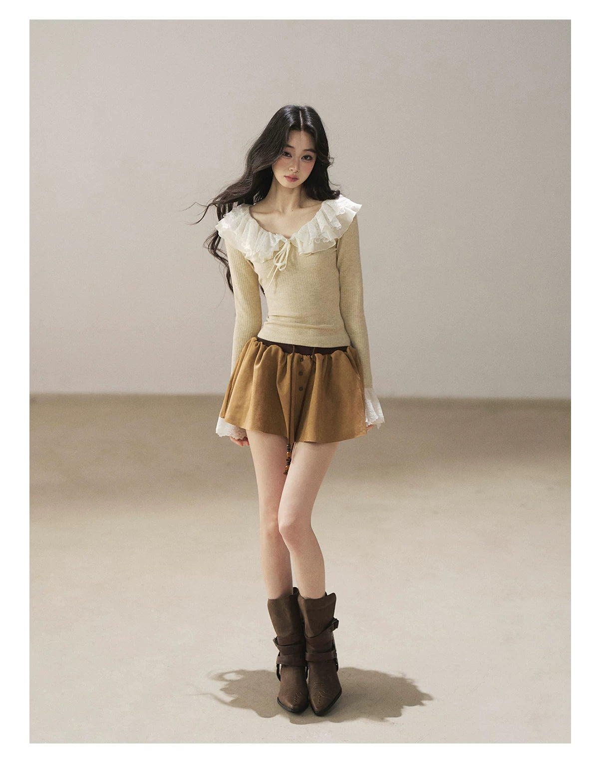 AOMALM - Oatmeal Ruffle Lace Knit Cropped Top
