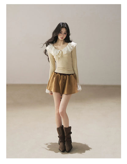 AOMALM - Oatmeal Ruffle Lace Knit Cropped Top