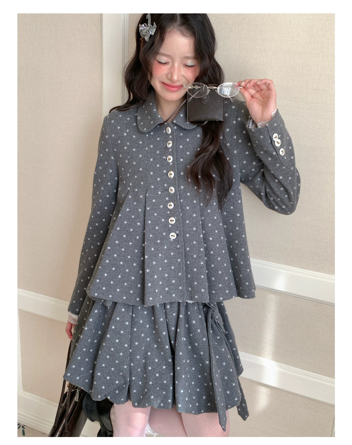 [RF] “Starlit Gray Tones” Gray Vintage Polka Dot Pleated Skirt Two-Piece Set