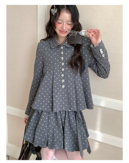 [RF] “Starlit Gray Tones” Gray Vintage Polka Dot Pleated Skirt Two-Piece Set