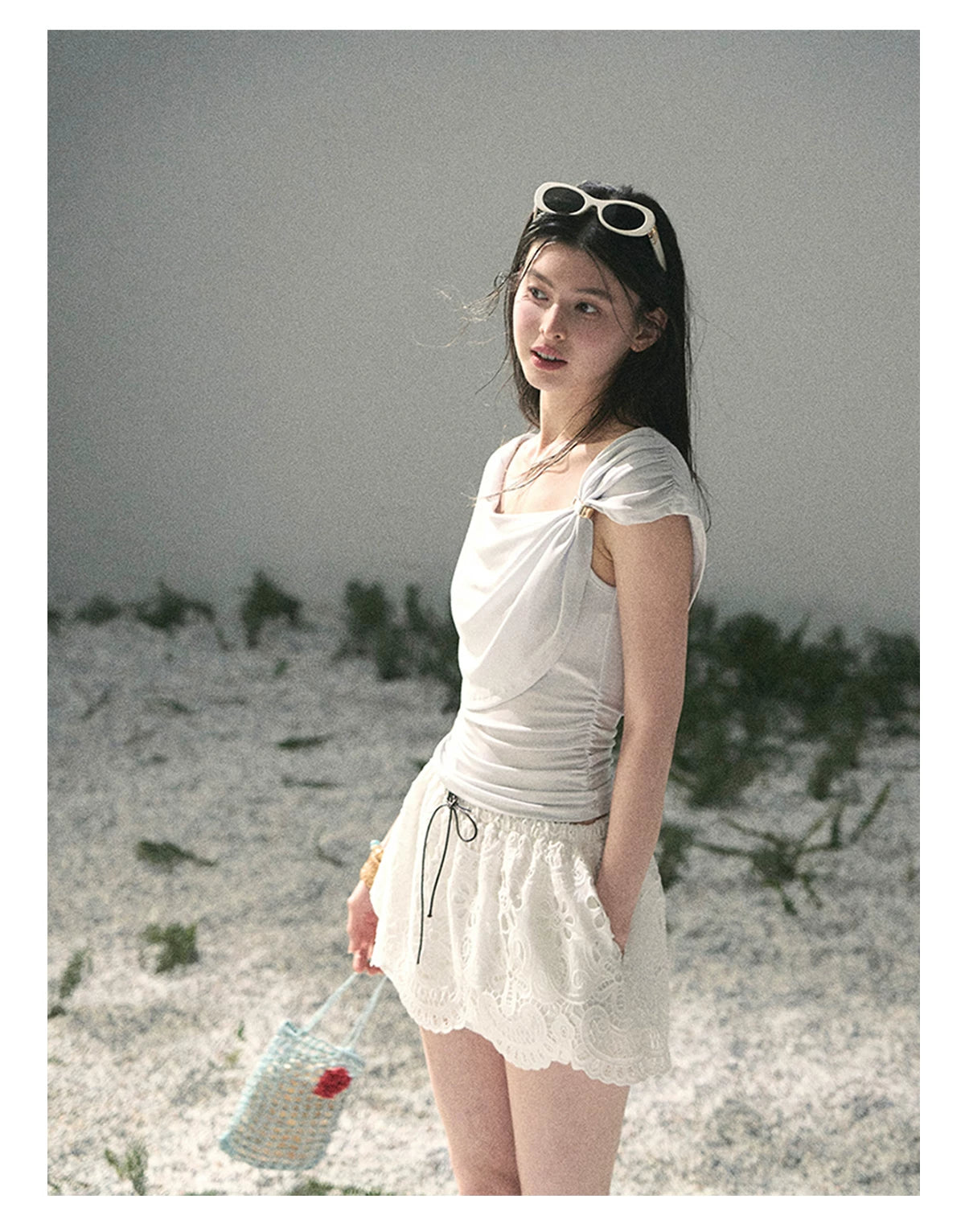 “When the Wind Stole Moonlight” Moonstone Draped Off-Shoulder Top
