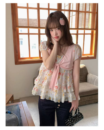 [RF] “Brown Sugar Milk Foam” Blue Vintage Patchwork Faux Two-Piece Cropped Jeans