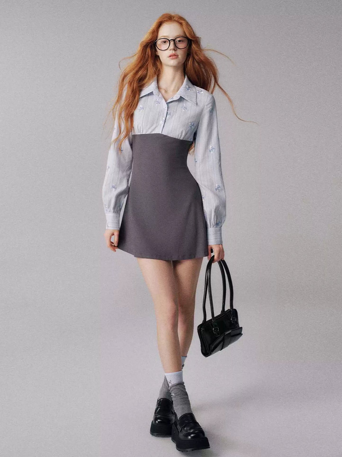 "奶油茉莉" Preppy Knit-Paneled Mini Dress