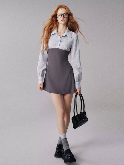 "奶油茉莉" Preppy Knit-Paneled Mini Dress