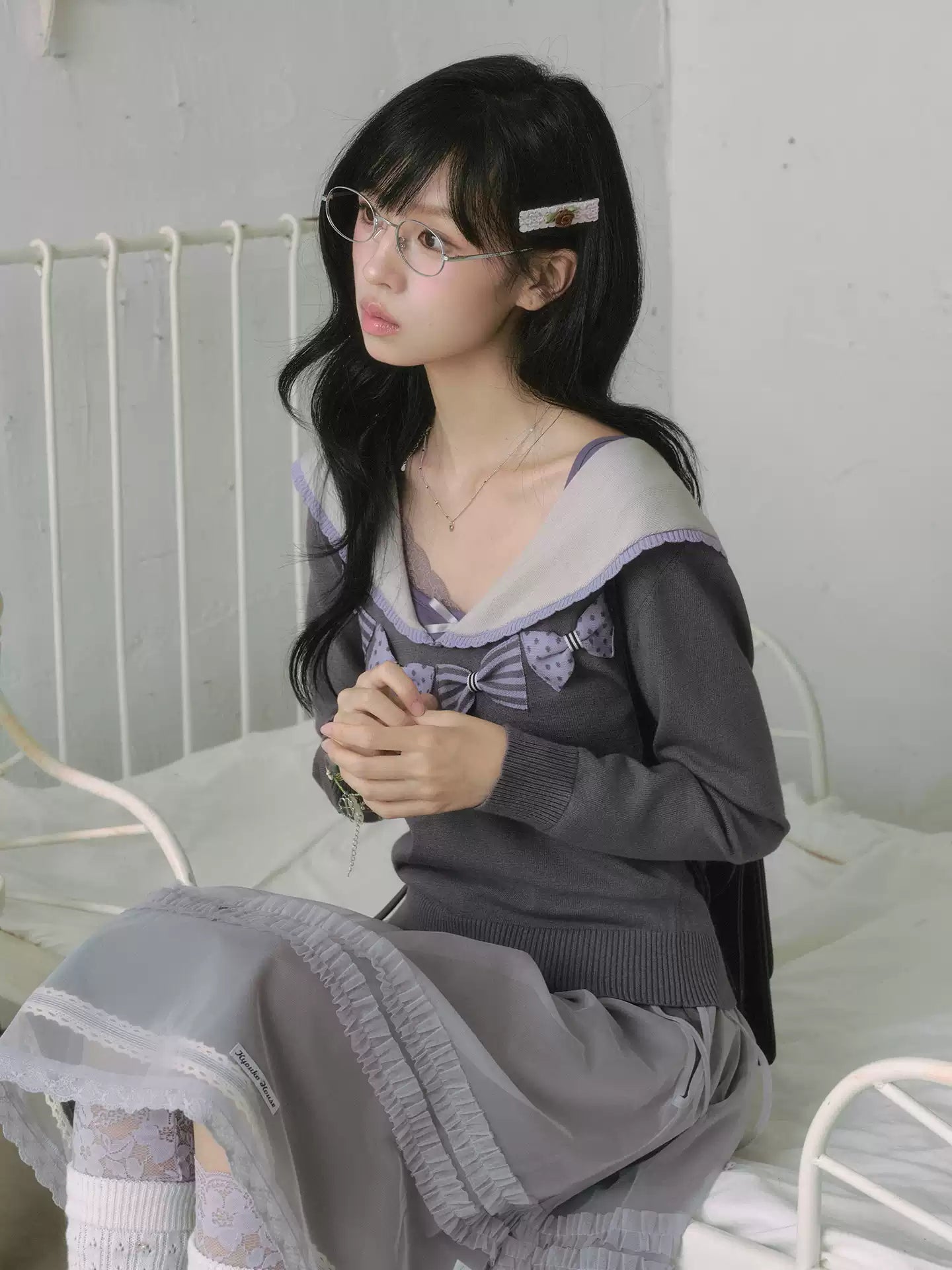 "Sage Whisper" Ethereal Layered Collection (Sailor Knit Sweater / Pleated Midi Skirt / Mesh Overlay Skirt)
