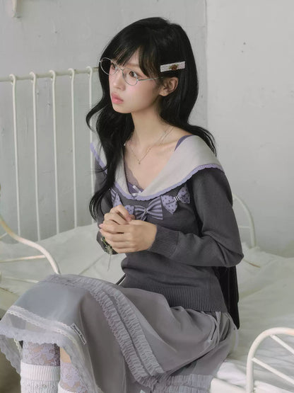 "Sage Whisper" Ethereal Layered Collection (Sailor Knit Sweater / Pleated Midi Skirt / Mesh Overlay Skirt)