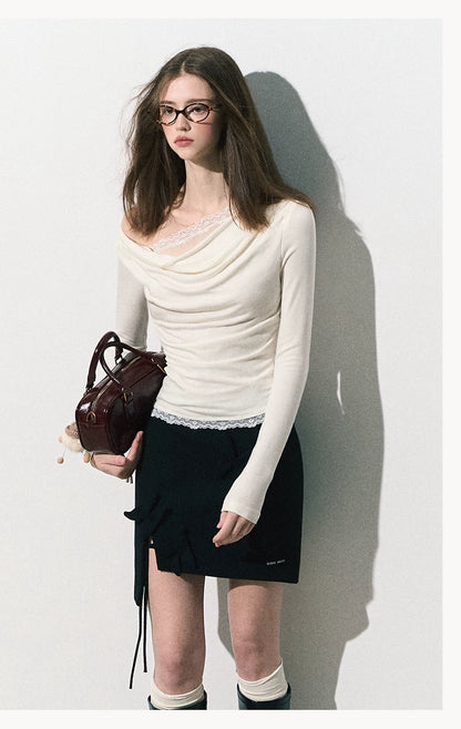 OAKMOO/ "Quiet Veins" Gardenia White Lace Knit Cowl-Neck Faux Two-Piece Fitted Top