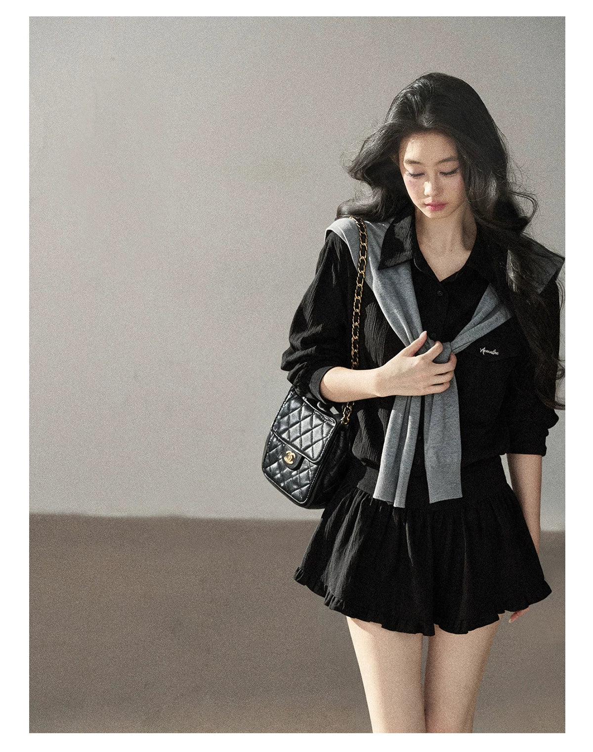 AOMALM - "Whispers of the Night" Serene Black Korean Intellectual Chic Shirt & Mini Skirt Set