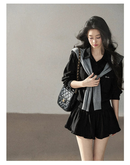 AOMALM - "Whispers of the Night" Serene Black Korean Intellectual Chic Shirt & Mini Skirt Set