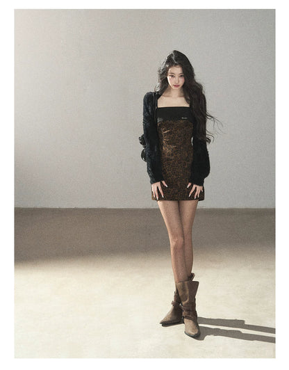 AOMALM - "Wildland Reverie" Slate Brown Leopard Print Fitted Cami Dress & Obsidian Black Shawl