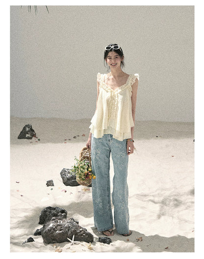 "Twinkling Starlight" Sky Blue Floral Rhinestone Wide-Leg Jeans