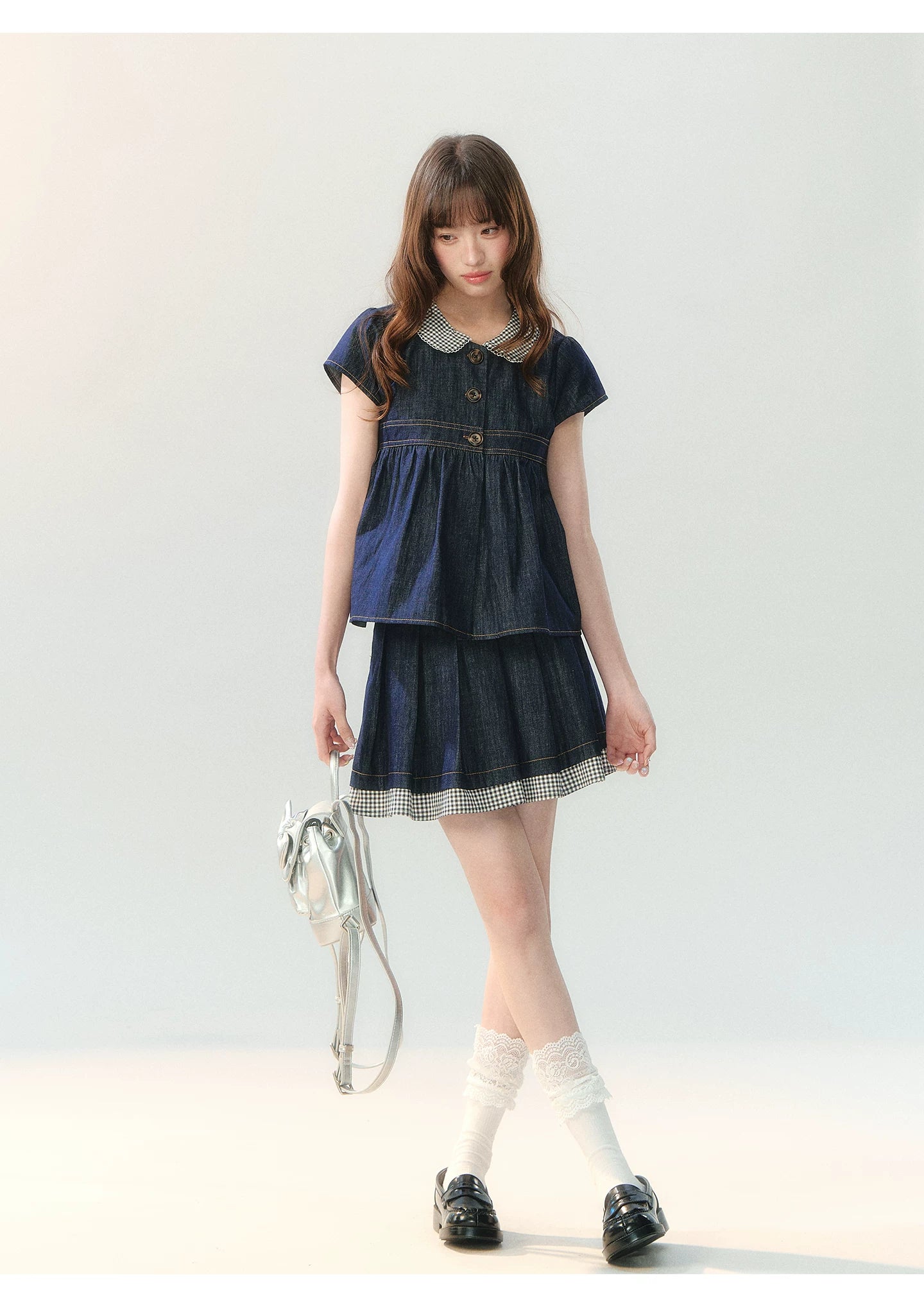 "Denim Check Prelude" Indigo Denim Three-Piece Set