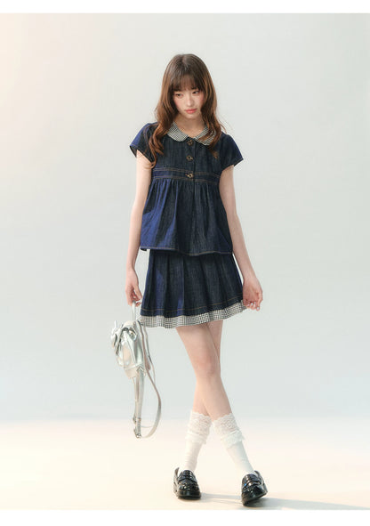 "Denim Check Prelude" Indigo Denim Three-Piece Set