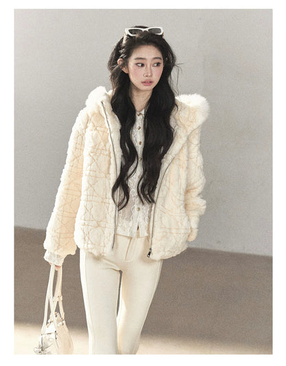 AOMALM - Cloud White Rabbit Fur Cropped Coat