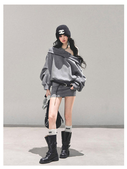 少也眼 "Silent Gravity" Off-Shoulder Oversized Sweatshirt (with Belt)