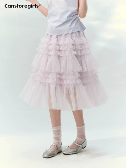 “Taro Peach Layers” Dusty Lilac Tiered Tulle Midi Skirt