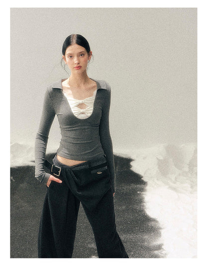 少也眼 “Silent Afterecho” Bow-Detail Top - Intellectual Gray