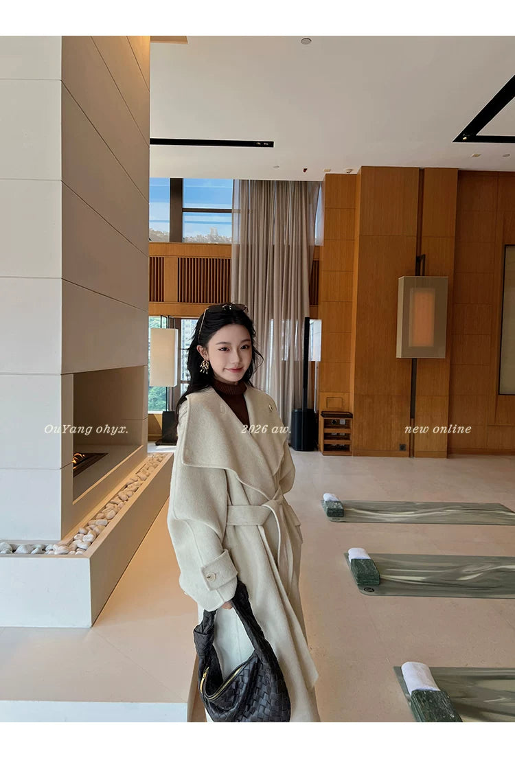 QuQuOuYang - 100% Wool Double-Face Belted Coat with Convertible Collar