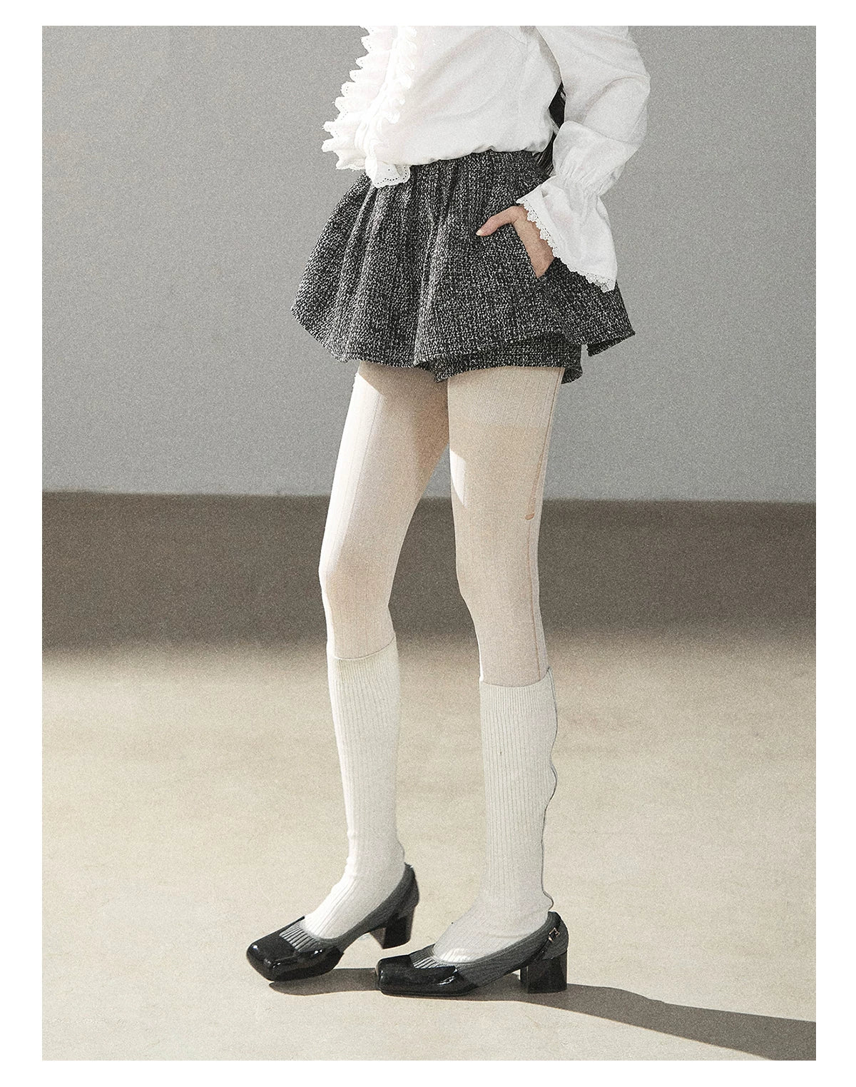 AOMALM - Black & Pearl White Tweed Jacket, Lace Blouse & Mini Skirt Set