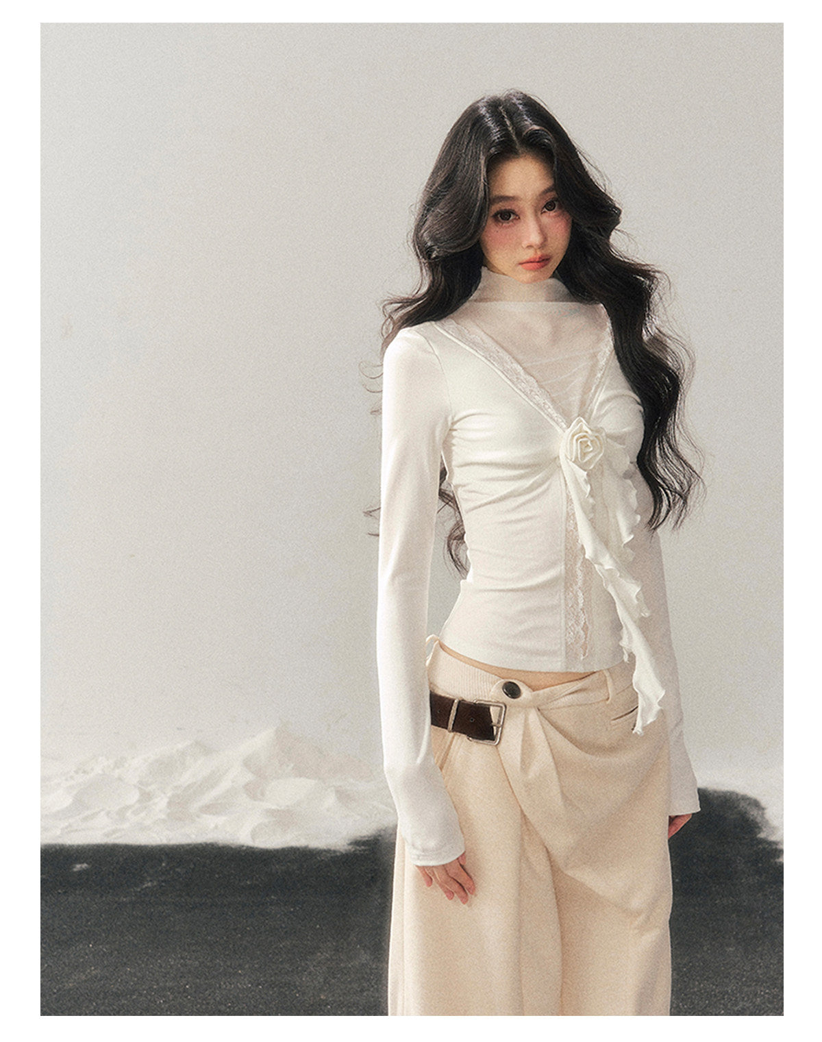 040126 “Vanishing Curve” Sheer Lace Turtleneck Base Top - White