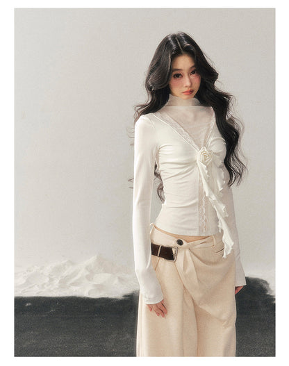 040126 “Vanishing Curve” Sheer Lace Turtleneck Base Top - White