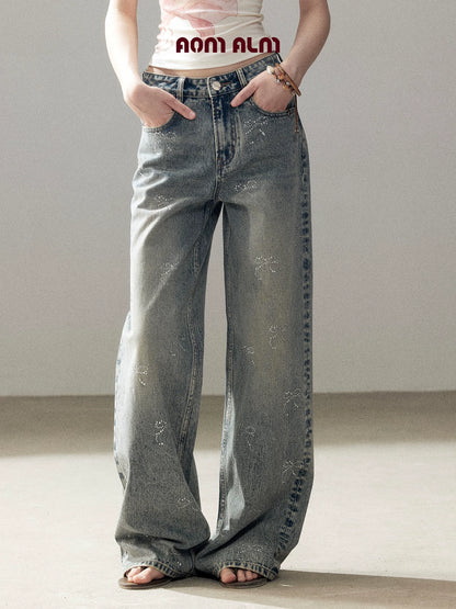 "Passing By the Sea" Vintage Blue Rhinestone Bow Wide-Leg Jeans