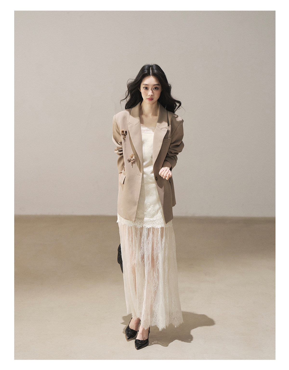170726 "Your Open Meadow" Cream Apricot White Lace Slip Dress + Gray Taupe Tailored Blazer