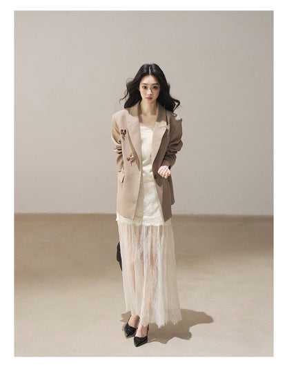 170726 "Your Open Meadow" Cream Apricot White Lace Slip Dress + Gray Taupe Tailored Blazer