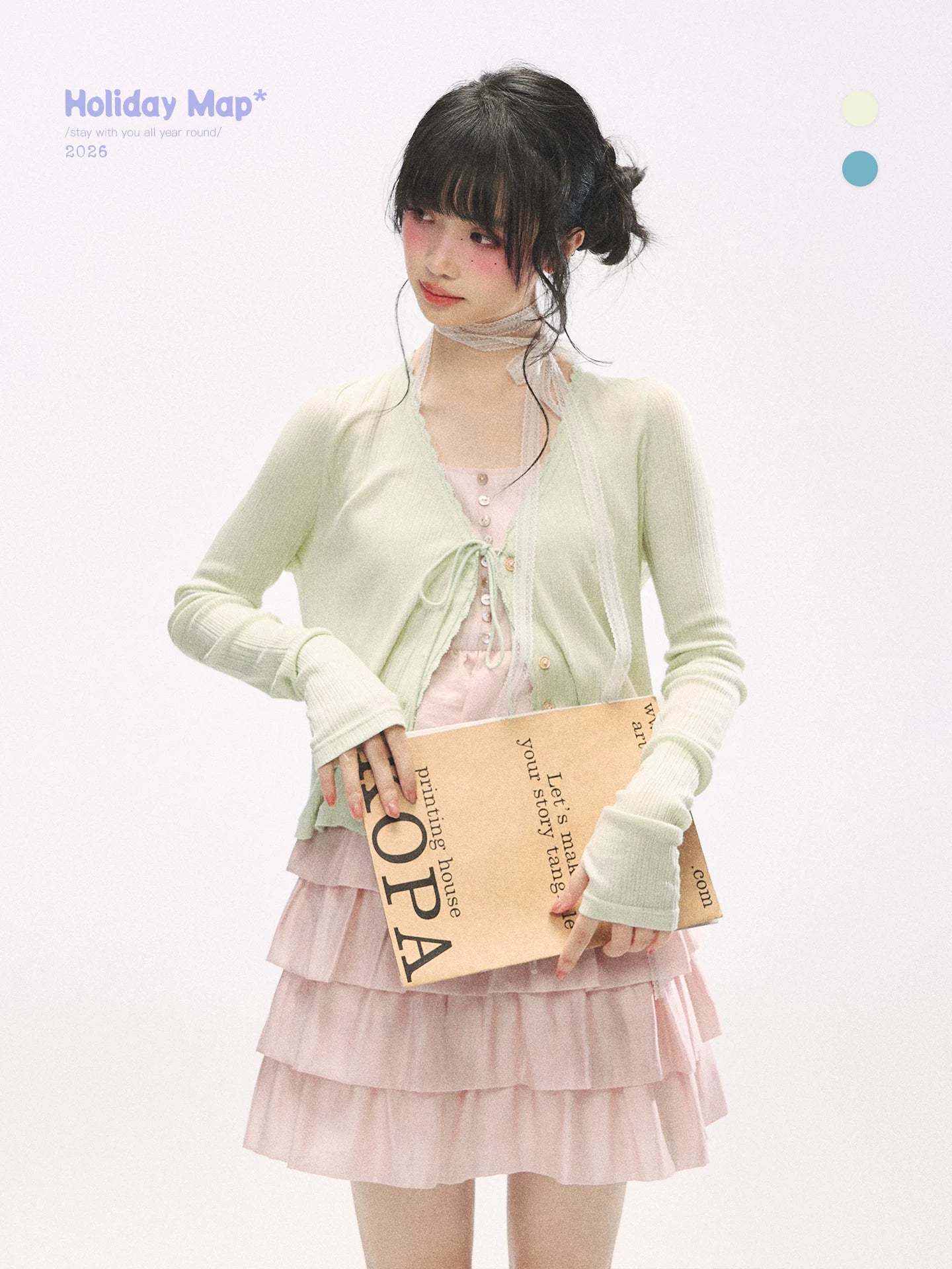 "Comfort Corner" Tie-Front Knit Cardigan (Melon Green/ Peacock Blue)