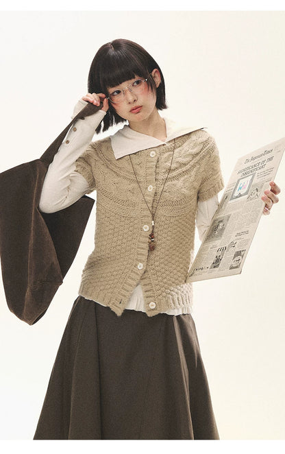 "Cotton Ruffle" Tea Apricot Asymmetric Knit Cardigan