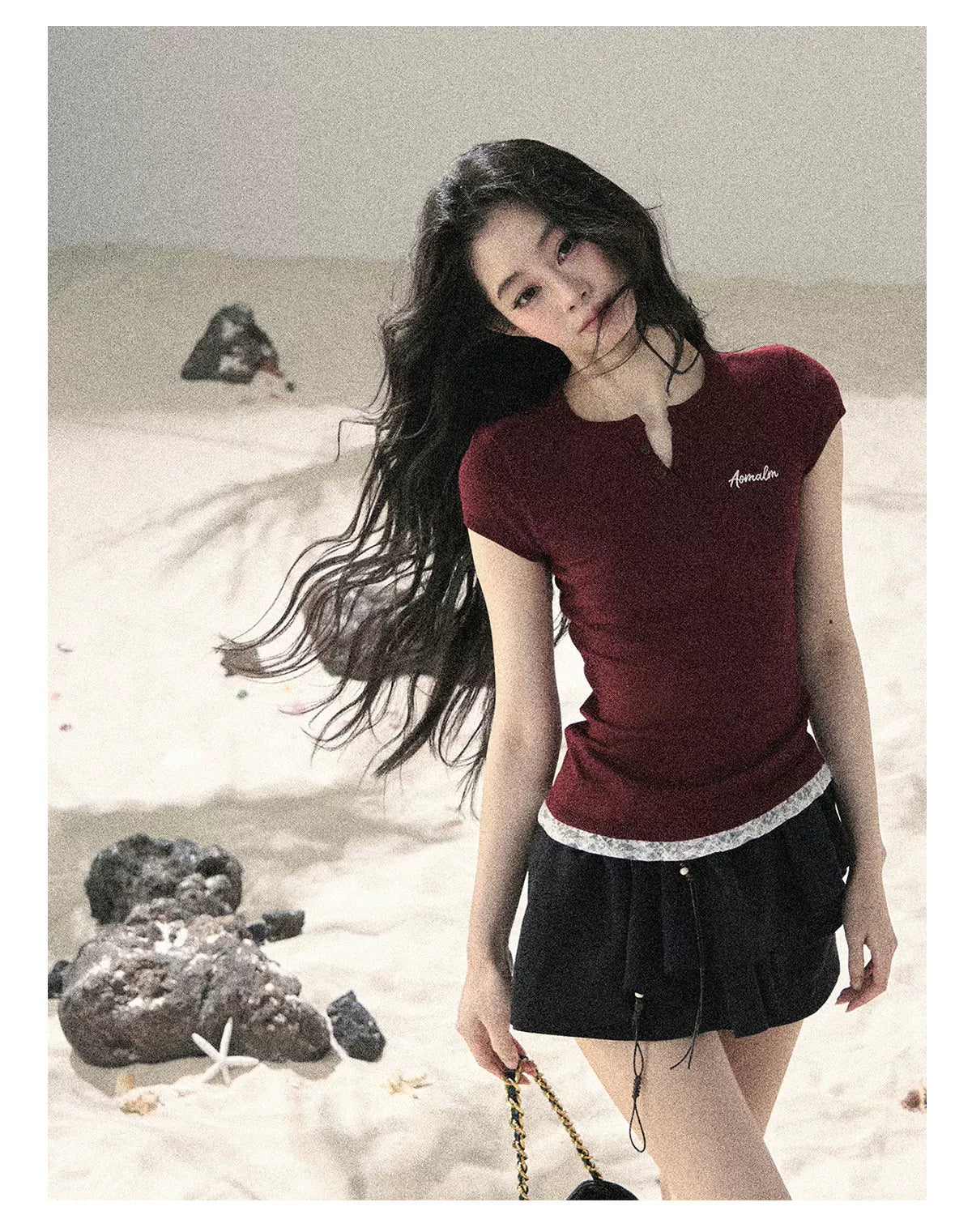"Letter from the Tides" Burgundy Red Faux Two-Piece Lace Waist-Fit Crop Top 452436